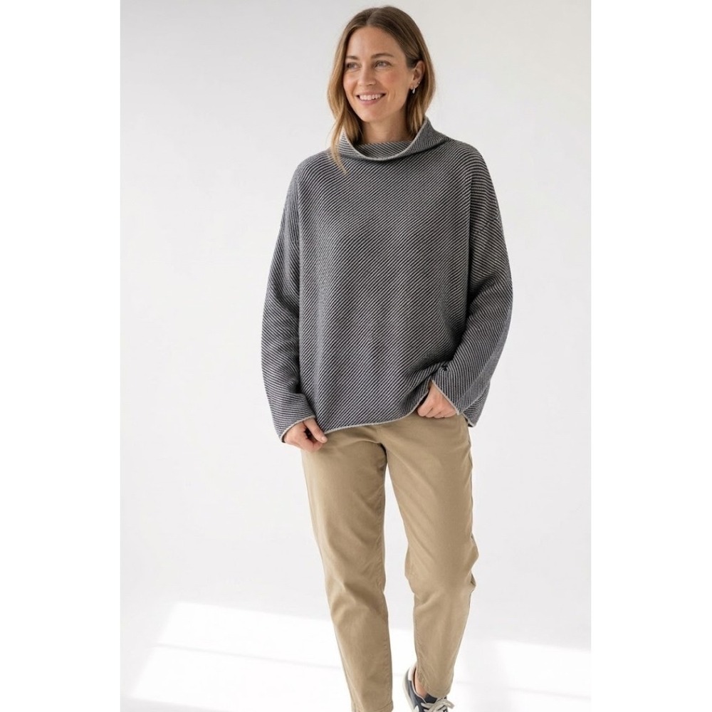 Eileen Fisher Cashmere Merino Wool Long Sleeve Mock Neck Large Striped Sweater